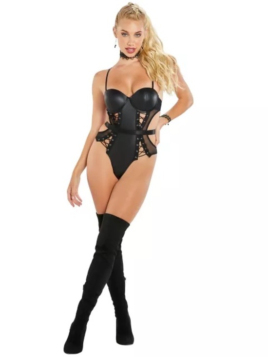 Bodyrage Tops - Body Rage Pleather Mesh Lace Up Teddy Bodysuit